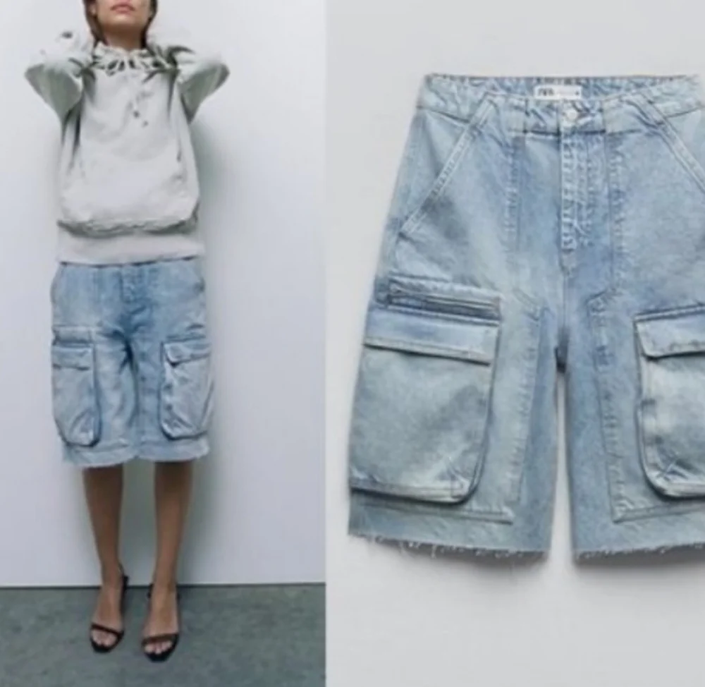 New Zara Bermuda 100% Cotton Denim Cargo Short - Picture 2 of 9